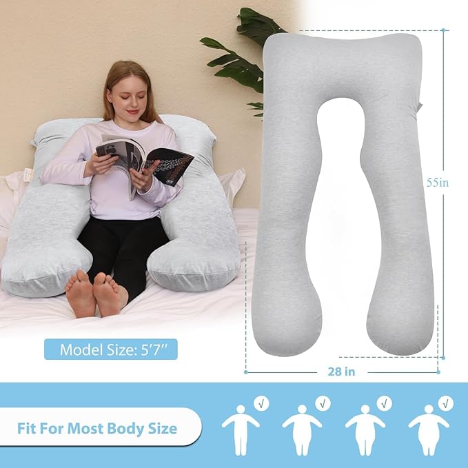 Chilling Home Pregnancy Pillow, 55in Pregnancy Pillows for Sleeping, U Shape Body Pillows for Adults, Maternity Pillow for Pregnant Women, with Grey Jersey Cotton Removable Cover