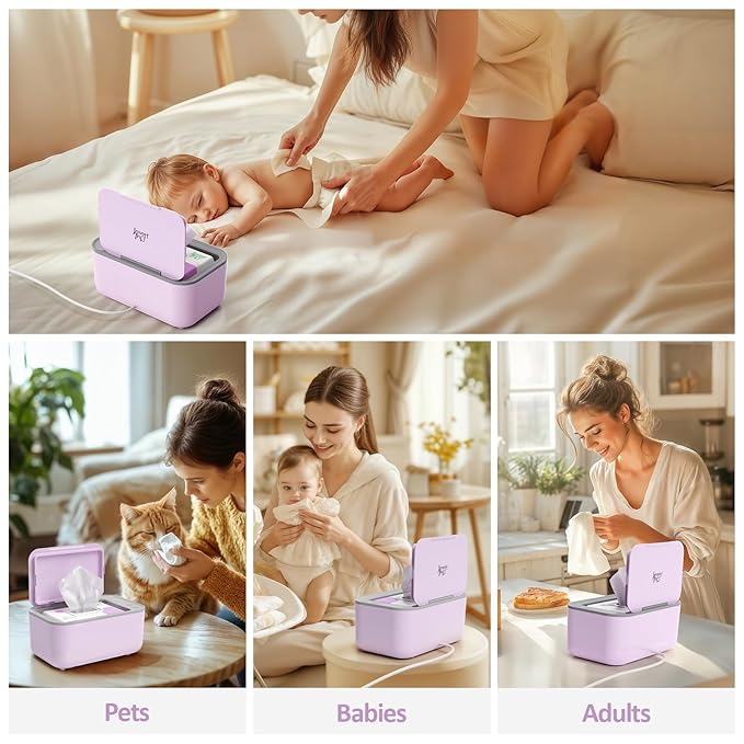 Chefhandy Wipe Warmer with Adjustable Temperature, Silent Heating & Large Capacity | Constant Warmth for Baby or Adult Wipes, Purple