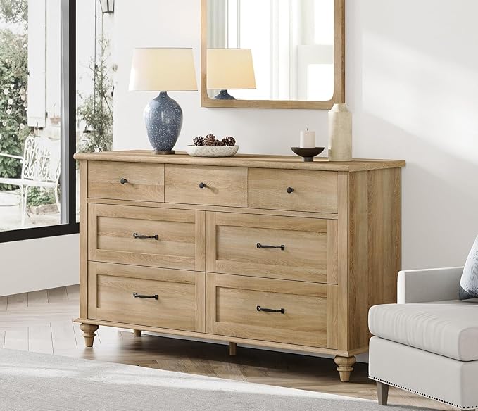 WAMPAT Wide Kids Dresser with 7 Drawers for Bedroom, Farmhouse Baby Dresser for Nursery & Kids Room, Wooden Chests & Dressers Closet Organizer for Children's Bedroom, 54 Inch, Oak