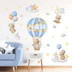 Tanlaby Blue Hot Air Balloon Wall Stickers Cartoon Bear Rabbit Stars Planets Wall Decals Peel and Stick Art Decor for Nursery Kids Bedroom Playroom Daycare Classroom