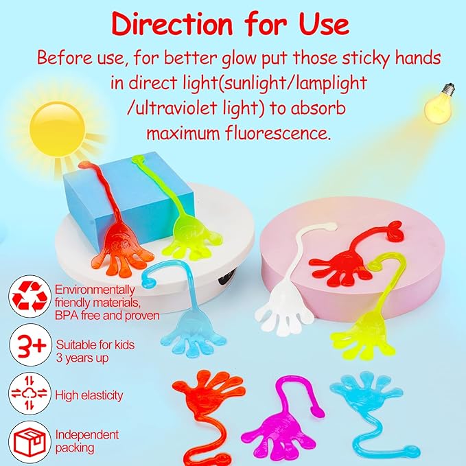 Thremhoo 40Pcs Glow in the Dark Sticky Hands Kids Party Favor Supplies Goodie Bag Stuffer Pinata Return Gift Stretchy Class Prize Carnival Sensory Goody Party Pinata Filler Treasure Box Bulk Toy