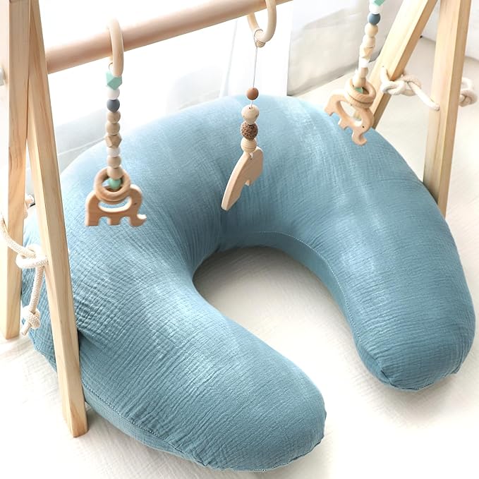 Hooyax Muslin Nursing Pillow Covers 2 Pack, Soft and Breathable Nursing Covers for Breastfeeding Pillows, Adorable Infant Feeding Pillow Slipcover for Baby Boy and Girls (Blue Ginger)