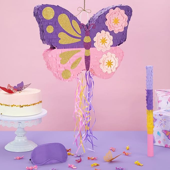 WERNNSAI Butterfly Piñata - Butterfly Birthday Party Supplies Pinata with Stick and Blindfold for Girls Kids Pull String Piñata Family Games Classroom Birthday Party Decorations 16.4” x 12.4”