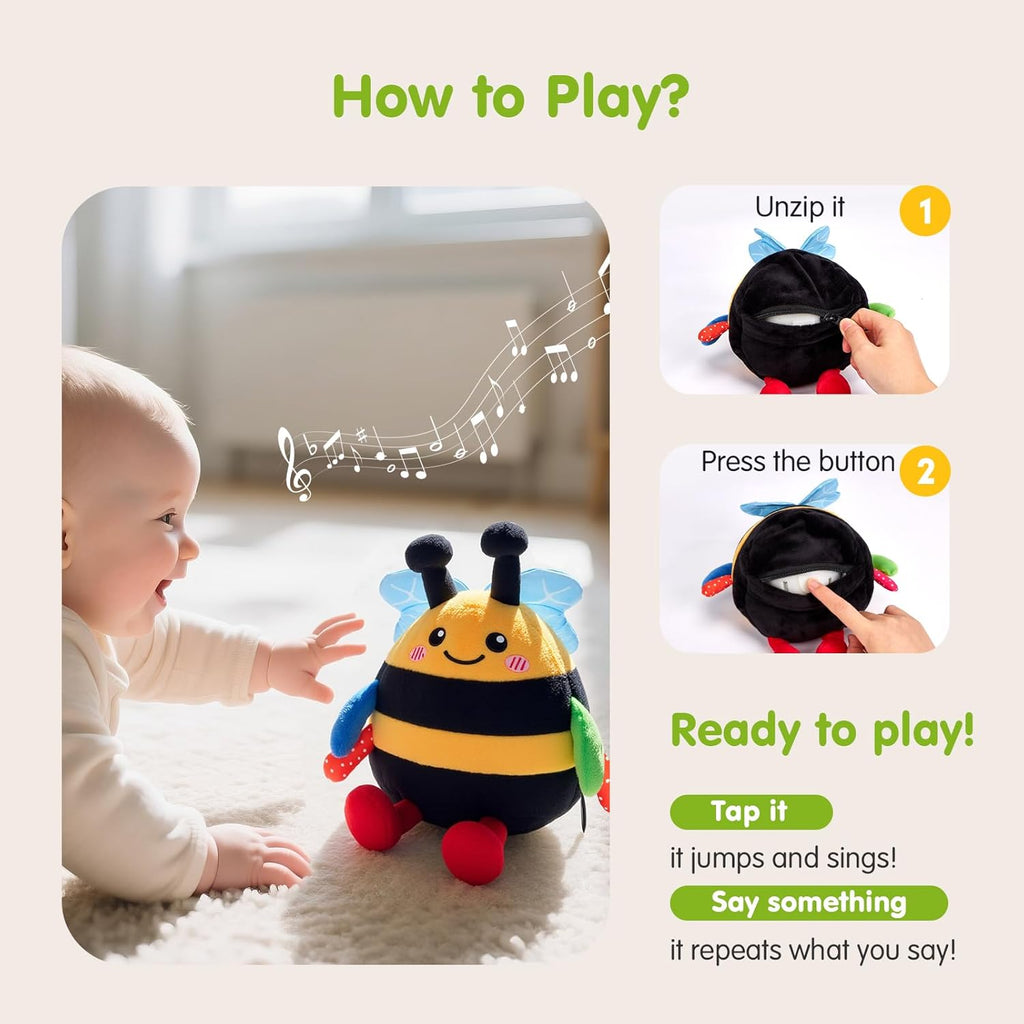 hahaland Baby Toy for 6 + 12 18 Months – Crawling Musical Dancing Bouncing Learning Bee Plush, Interactive Tummy Time Toy for 1 2 3 Year Old Boys Girls Birthday Gifts