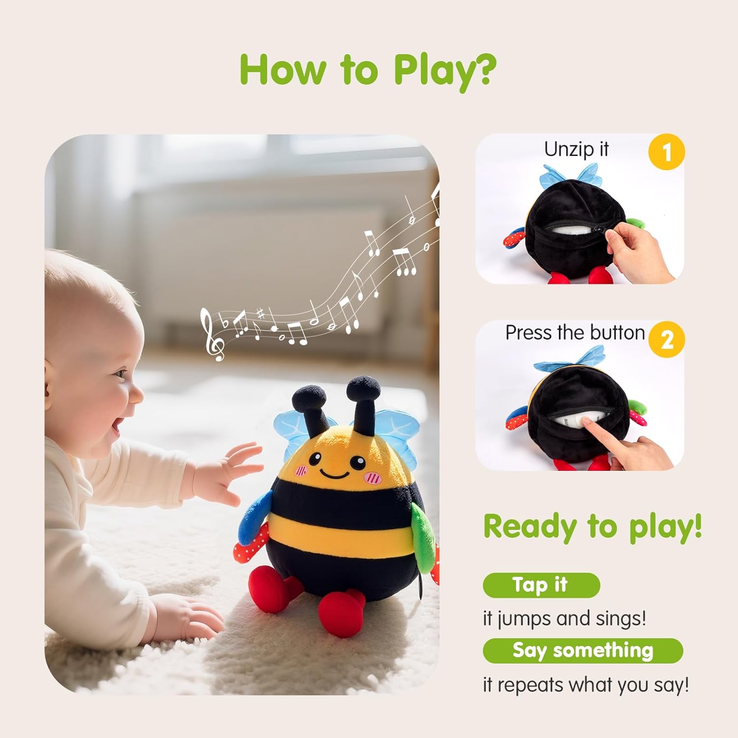 hahaland Baby Toy for 6 + 12 18 Months – Crawling Musical Dancing Bouncing Learning Bee Plush, Interactive Tummy Time Toy for 1 2 3 Year Old Boys Girls Birthday Gifts