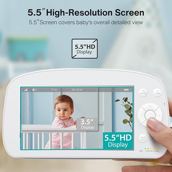 Baby Monitor with Camera and Audio, No WiFi, 5" HD IPS Screen & Remote Pan-Tilt-Zoom, HD Night Vision, 2-Way Talk, Cry Notifications, Temperature Sensor, 5 Lullabies, 1000ft Long Range
