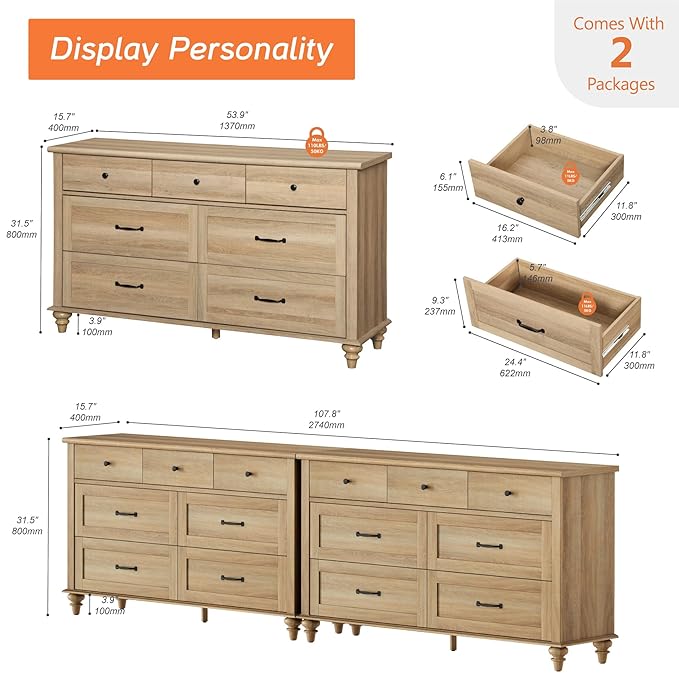 WAMPAT 2 Pack Kids Dresser with 14 Drawers for Bedroom, 2-in-1 Wide Baby Dresser for Nursery & Kids Room, Farmhouse Chests & Dressers, Wooden Closet Organizer for Children’s Bedroom, Oak