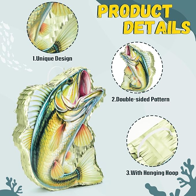 WERNNSAI Fish Piñata - Fishing Game Pinata Ocean Pinata Under the Sea for Boy Adult Party Decoration Summer Pool Party Game Supplies Favors with Bat Blindfold