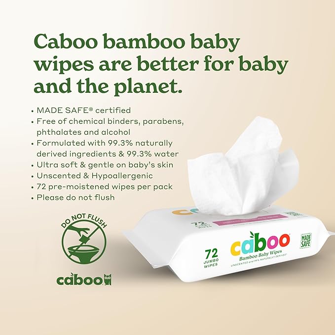Caboo Baby Wipes, Made with Bamboo Viscose, Certified Made Safe Ingredients, Unscented Baby Wipes Good for Sensitive Skin, 72 Wipes Per Travel Pack, Total of 432 Wet Wipes