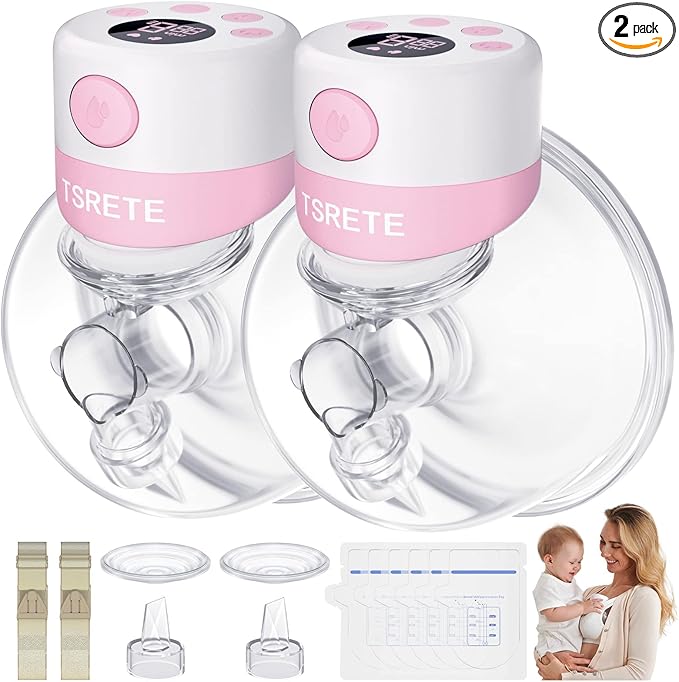 TSRETE Breast Pump, Double Wearable Breast Pump, Electric Hands-Free Breast Pumps with 2 Modes, 9 Levels, LCD Display, Memory Function Rechargeable Double Milk Extractor-27mm Flange, Pink