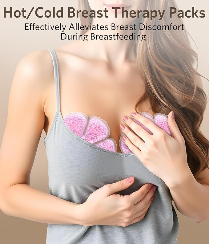 Breastfeeding Essentials Kit for Nursing Moms - Pads, Cover, Nipple Cream 50g, Breastmilk Storage Bag, Hot and Cold Breast Therapy Packs, 55 Piece Gift Set