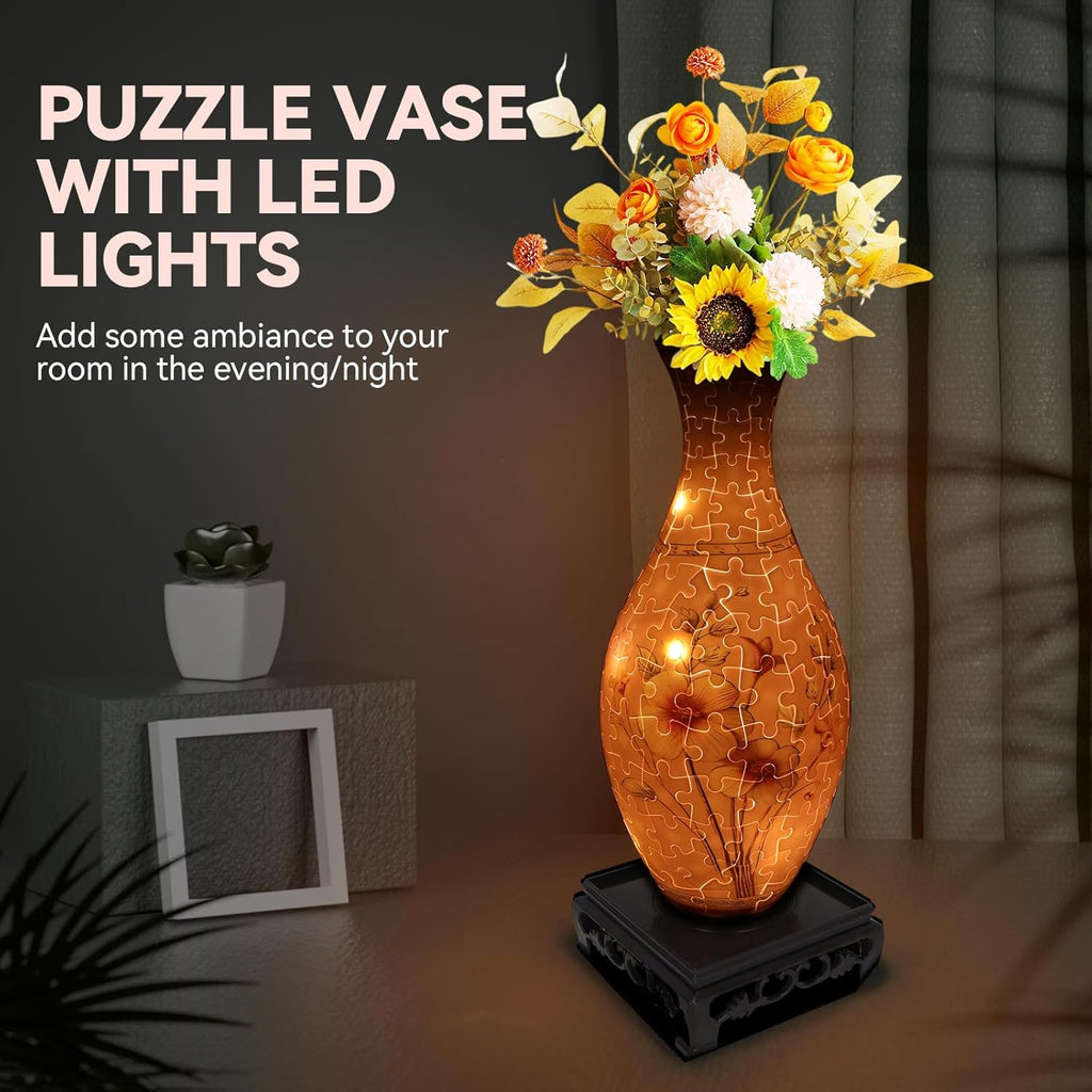 3D Puzzles Vase for Adults, Birthday Gifts for Women, 160 Pieces Plastic DIY Unique Flower Vase with LED Light, Crafts for Adults House Warming Gift for Flower Arrangements and Home Decor (Pink)