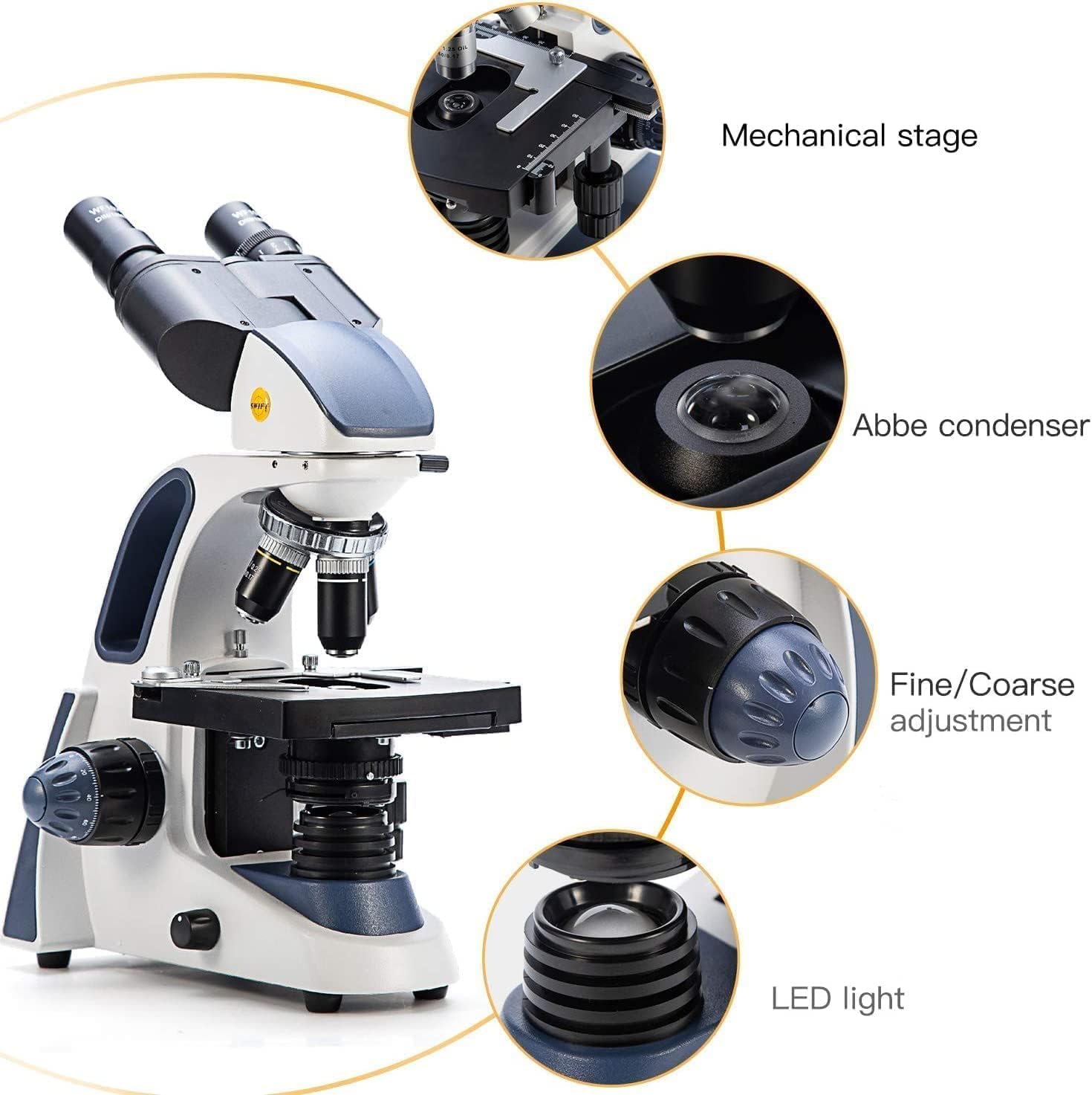 Swift SW380B Binocular Compound Microscope with 1.3MP Camera and 5 Prepared Slides+5 Blank Slides, 40X-2500X,Mechanical Stage
