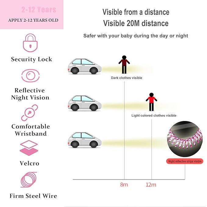 Toddler Harness Walking Leash- Child Anti Lost Wrist Link - Child Safety Harness - Upgrade with Reflective(6.5ft) - for Boys and Girls,Not Easy to Open Without Key (Pink)