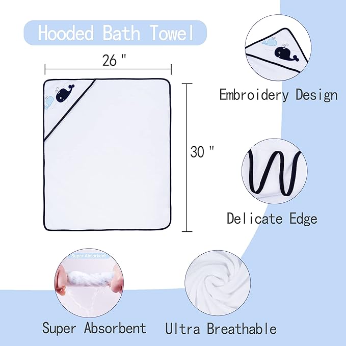Viviland Baby Towels and Washcloths, Soft Absorbent Baby Boy Bath Towel Set, Whale Hooded Towels with 5 Infant Washcloths，(6 Pieces)