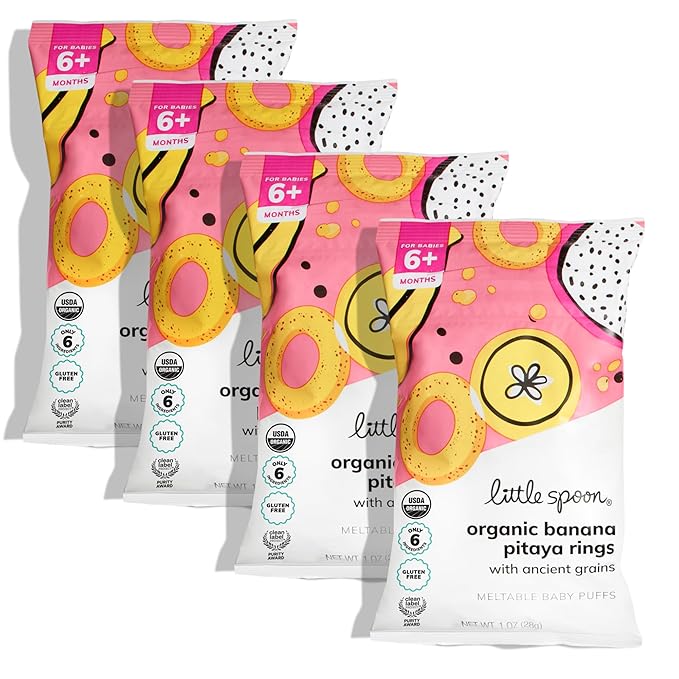 Little Spoon Banana Pitaya Meltable Baby Puffs, Organic Corn Quinoa Sorghum, No Rice, No Added Sugar Snacks, Encourages Self-Feeding, 1 Oz Bag, 4 Pack