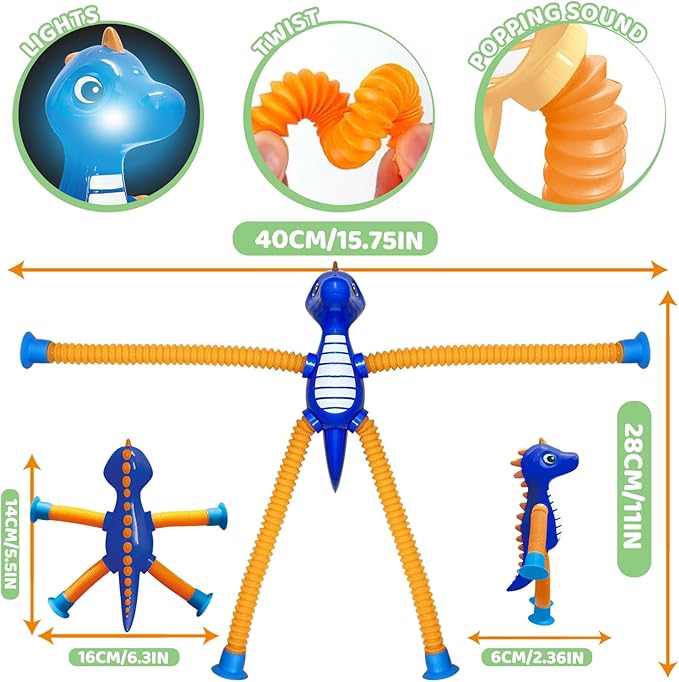 Dinosaur Pop Tubes Toys LED Light Up Mini Figures Fidget Sensory Toys Dino Telescopic Suction Cup Gift Sets, Toddler Autism Stress Relief Party Favors Prizes Stocking Stuffers for Kids 3+