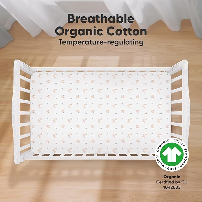 KeaBabies 2-Pack Organic Crib Sheets for Boys, Girls - 52x28 Fitted Crib Mattress Sheet Neutral, Breathable Jersey Cotton Cover for Baby Bed, Toddler Mattress, Soft & Cute Prints (Nibbles/Bruce)