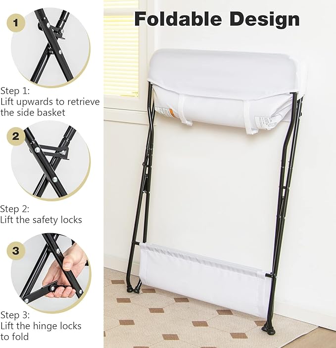INFANS Baby Changing Table, Folding Diaper Station Portable Nursery Organizer with Safety Belt and Large Storage Racks for Newborn Baby and Infant (White)