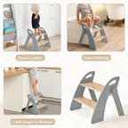 Wooden 2 Step Stool for Kids Bathroom Sink Foldable Anti-Slip 2-Step for Toilet Potty Training, Child Stepping Stool for Kitchen Nursery Bedroom, Sturdy Non Slip Adult Stool for Closet Grey