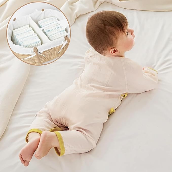 Handwoven Wicker Diaper Caddy Organizer, Multi - functional Baby Diaper Bag for Nursery & Home Storage, Detachable Lining, PU Handles, Baby Registry Must Haves (Water hyacinth)