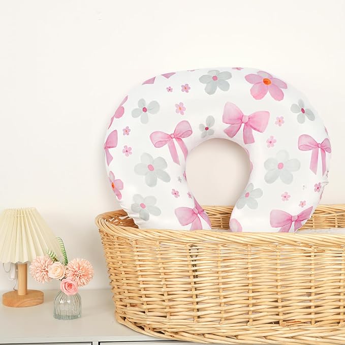 Hooyax Nursing Pillow Covers 2 Pack - Ultra Soft & Stretchable Breastfeeding Pillow Slipcovers, Adorable Cover for Infant Feeding Pillow, Perfect Fit for Most Standard Pillows (Bow Flower)