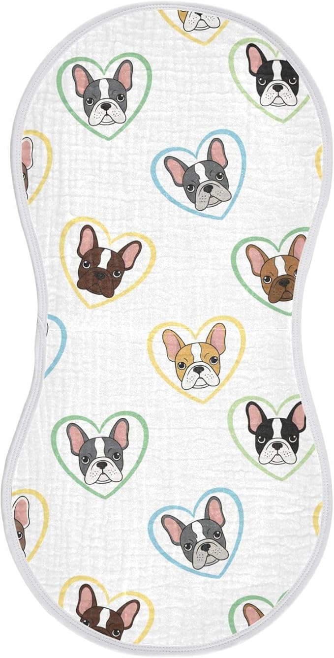 1 Pack Muslin Burp Cloths Bulldog Hearts White Cotton Baby Burp Cloths Ultra Soft Burping Cloth Absorbent Spit Up Rags for Newborn Baby Boys Girls 22x11 Inch