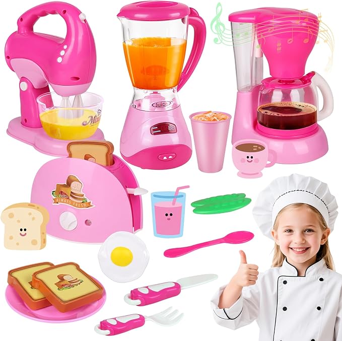Coherny Play Kitchen Sets for Kids Ages 4-8, Kids Kitchen Playset with Realistic Coffee Maker Machine, Toaster, Mixer and Blender, Pretend Play Toys with Light & Sound for Toddles Girls Boys Gifts