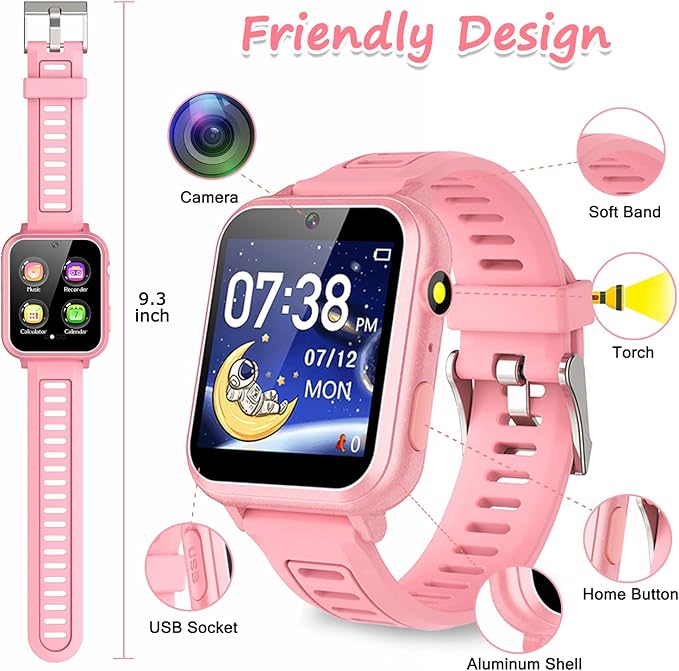 Smart Watch for Kids Gift for Girls Age 5-12, 1.54" Touch Screen Watch with HD Camera Video 24 Games Music Pedometer Flashlight Alarm Clock, Gifts for 7 8 9 10 Year Old Girls Boys