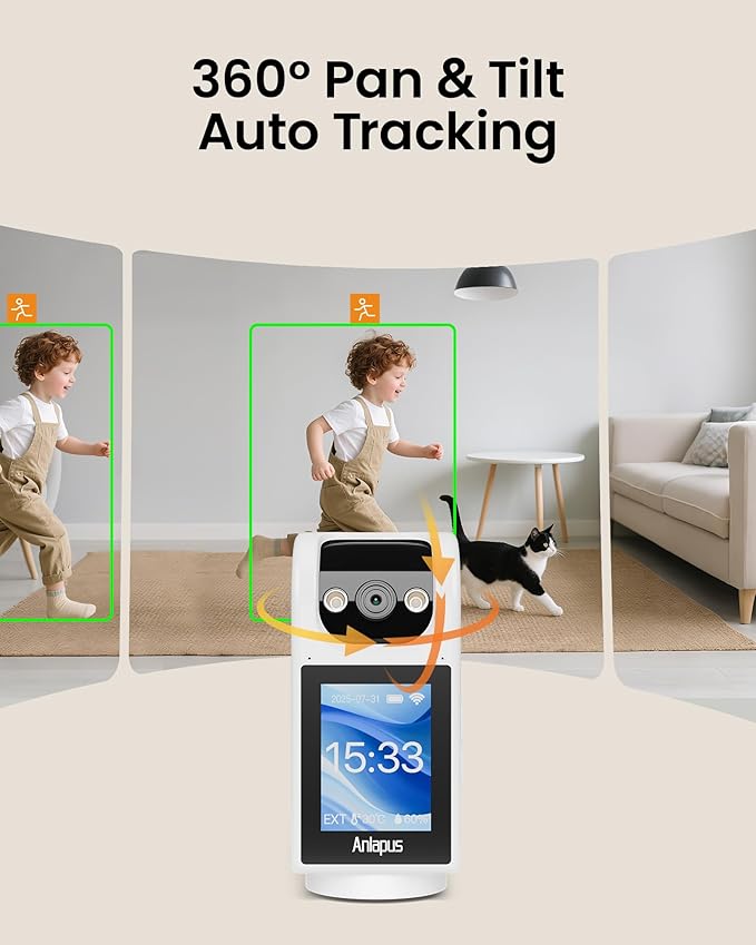 Anlapus C520M 5MP PT Plug-in Indoor Security Camera with 2.8 inch HD Screen, 3K Pet Camera with Phone App, 360 View, 2-Way Talk, AI Person/Motion/Pet Detection, Auto Tracking, for Pet Baby Elderly