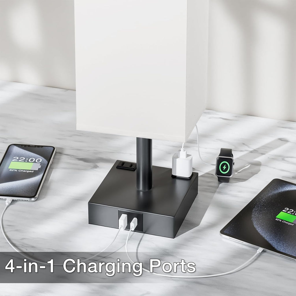 Touch Bedside Table Lamp for Nightstand - 3-Way Dimmable Night Lamp with USB A + Type C Charging Ports and Two AC Outlets, Small Desk Light with E26 LED Bulb for Bedroom Living Room,White Black