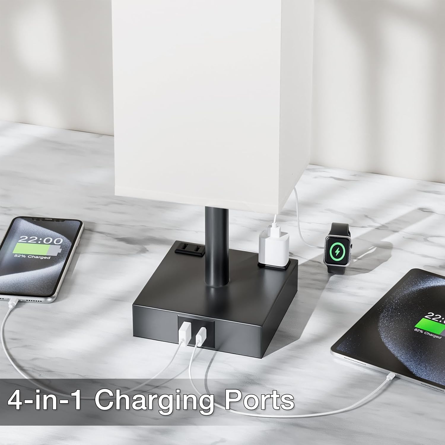 Touch Bedside Table Lamp for Nightstand - 3-Way Dimmable Night Lamp with USB A + Type C Charging Ports and Two AC Outlets, Small Desk Light with E26 LED Bulb for Bedroom Living Room,White Black