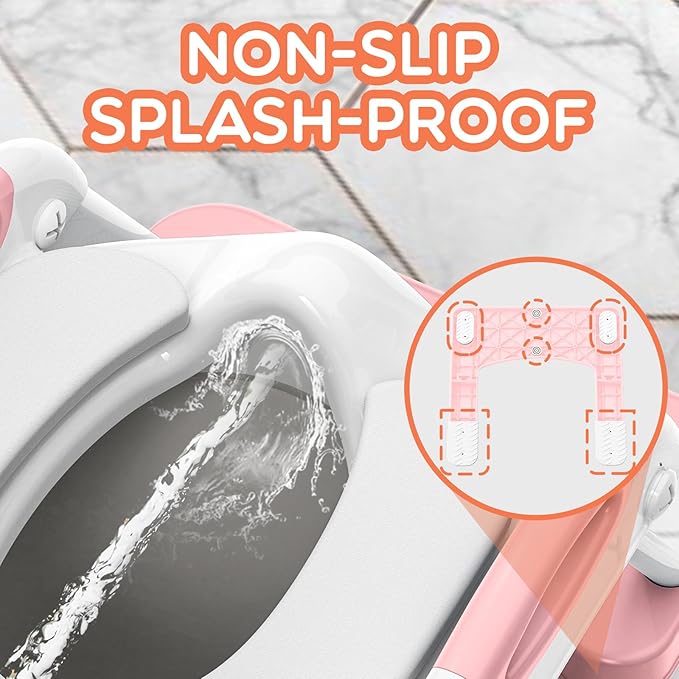 SKYROKU Potty Training Seat for Toddlers – 2-in-1 Adjustable Potty Ladder with Step Stool, Anti-Slip Cushion, Splash Guard & Extra-Wide Pedals, Supports 200+ lbs, Ideal for Boys & Girls (Pink)