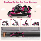 HONEY JOY 4-in-1 Baby Walker, Activity Push Walker w/3 Adjustable Heights, Smooth Wheels w/Adjustable Speed, Padded Seat, Music & Light, Foldable Car Walker for Baby Boys Girls Age 6 Months+ (Pink)