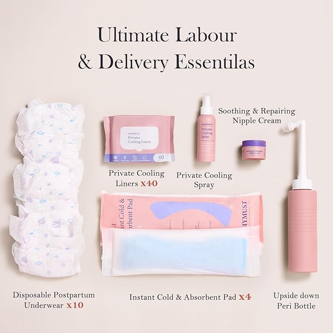 Postpartum Essentials Kit, Labor Delivery Mom Recovery Essentials w/Peri Bottle, Herbal Cooling Spray, Absorbent Disposable Underwear, Instant Cold&Absorbent Pad, Herbal Cooling Liners,Nipple Cream