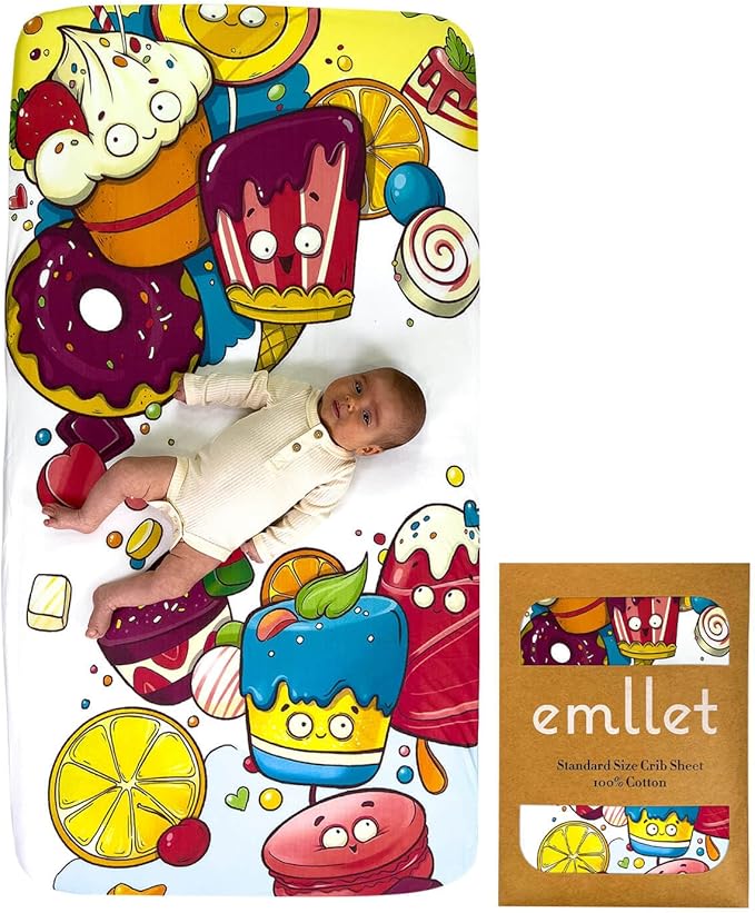 100% Cotton Fitted Crib Sheet, Sweet Treats Dessert Theme, Soft Baby Nursery Bedding for Standard Crib Mattress 52 x 28 in