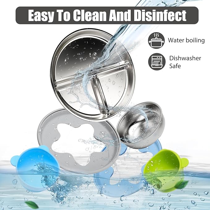 Stainless Steel Baby Plate and Bowls with Suction, Divided Kids Baby Plate and Toddler Bowl with Removable Silicone Suction, Non-Slip Baby Feeding Set Dishwasher Safe，4 Packs