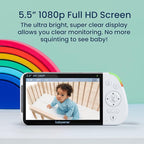 Babysense 5.5” 1080p Full HD Split-Screen Baby Monitor, Video Baby Monitor with 2 Cameras and Audio, 6-Color RGB Night Light, 1000ft Range, Two-Way Audio, 4X Zoom, 5000mAh Battery