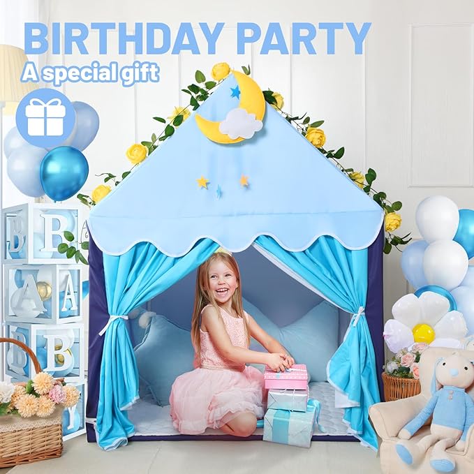 Wilwolfer Kid Tent with Mat, Star Lights - Kids Play Tents for Toddlers Kids Tents Indoor Playhouse - Princess Tent for Girls Toy House Gift (Blue with Cloth)