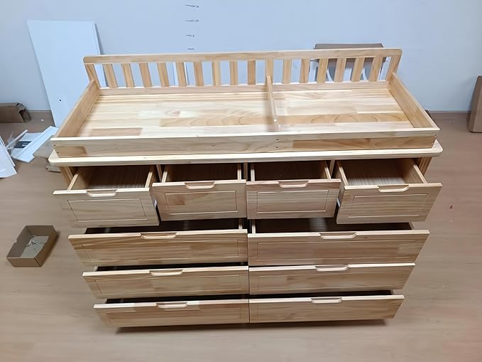 Homsee Baby Changing Table Dresser, 100% Solid Wood Infant Diaper Changing Station Combo, 10-Drawer Baby Nursery Dresser with Removable Tray for Children's Room Bedroom, Nature Color