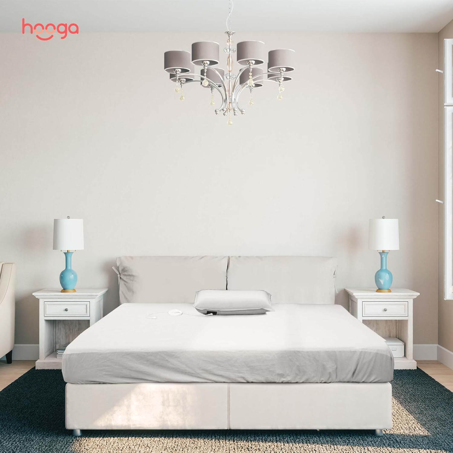 Hooga Grounding Sheet, Organic Fitted Grounded Sheet for Improved Sleep, Pain Relief - Earth Connected Bedding 60”x80”x15” Queen Size, Pure Silver Fiber and Cotton, Grounding Cord Included. Off White