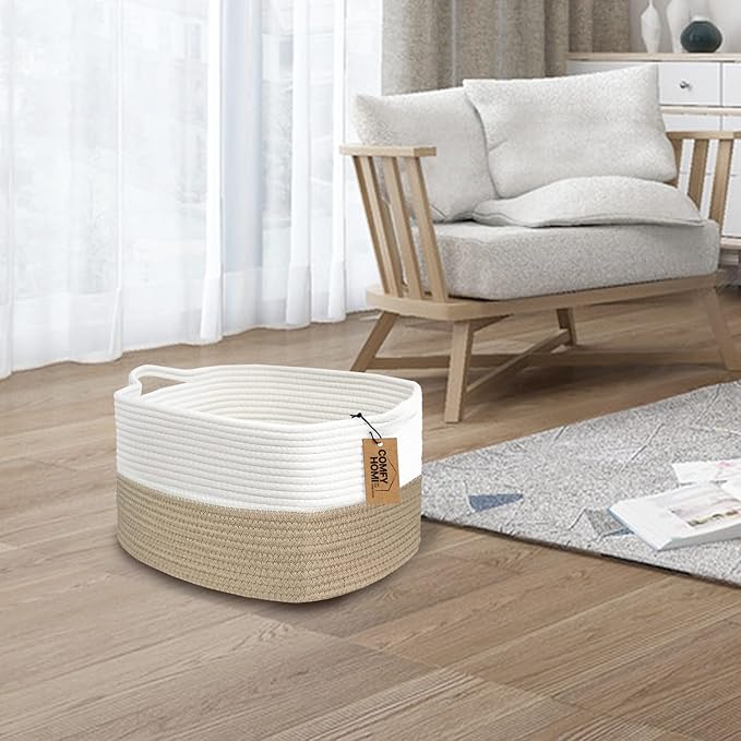 COMFY-HOMI Cotton Rope Woven Basket with Handles for Shelves,Toys,Book, Cloth Storage Baskets Bin for Organizing-13.5"x11"x9.5" Toy Decorative Organizer for Living Room, Bathroom-Light Brown