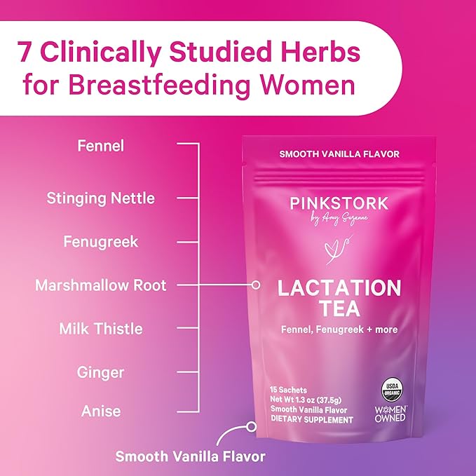 Pink Stork Organic Lactation Tea – Fenugreek, Fennel, Milk Thistle + More – Support for Breastfeeding, Pumping, Hydration, Milk Flow – Smooth Vanilla – 15 Sachets, Caffeine-Free