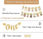 First Birthday Photo Banner Monthly Milestone Photograph Bunting Garland with First Birthday Cake Topper High Chair Banner 1st Birth Decorations