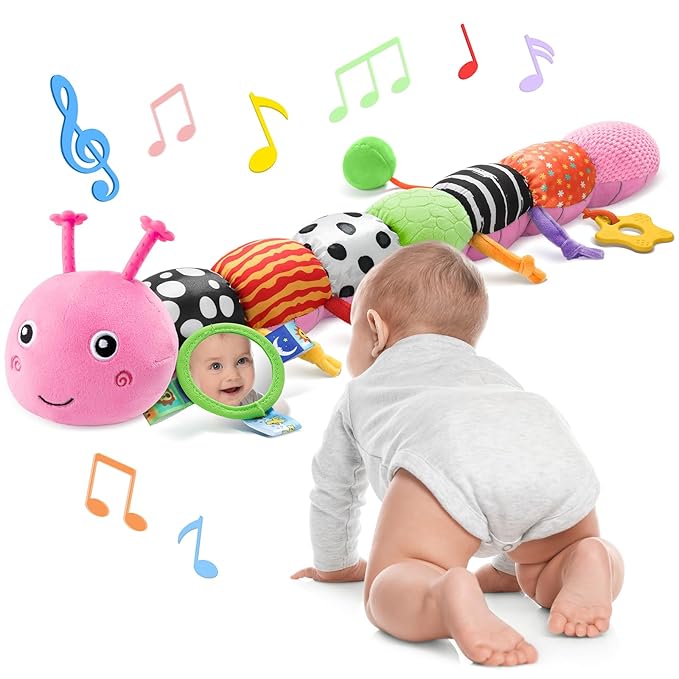 Baby Toys 6-12 Months Music Caterpillar Infant Toys Stuffed Animals 0-3-6 Months Teething Tummy Time Sensory Toys with Mirror Rattle&Pull String for Boys Girls Birthday Gifts|Pink,Knot Limb