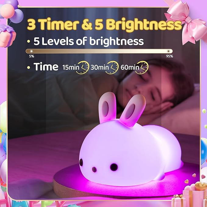 One Fire Night Light for Kids Room, Timer Baby Toddler Nursery Animal Battery Remote Kawaii Night Lamp, Cute Decor Easter Bunny Gift/ Basket Stuffers Decoration