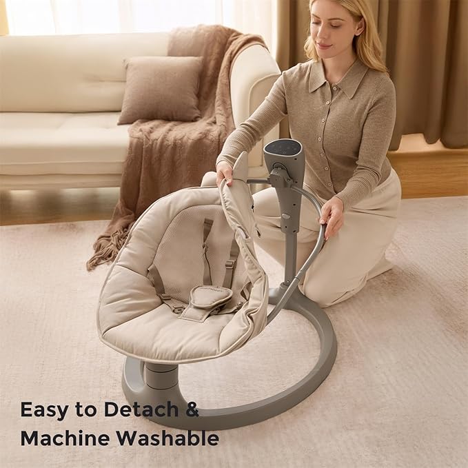 Momcozy 2-in-1 Electric Baby Swing, Dual-Arm Support System & Parent-Inspired Motions, Convertible to Toddler Seat up to 66 lbs, Adjustable Height, Lightweight, Khaki