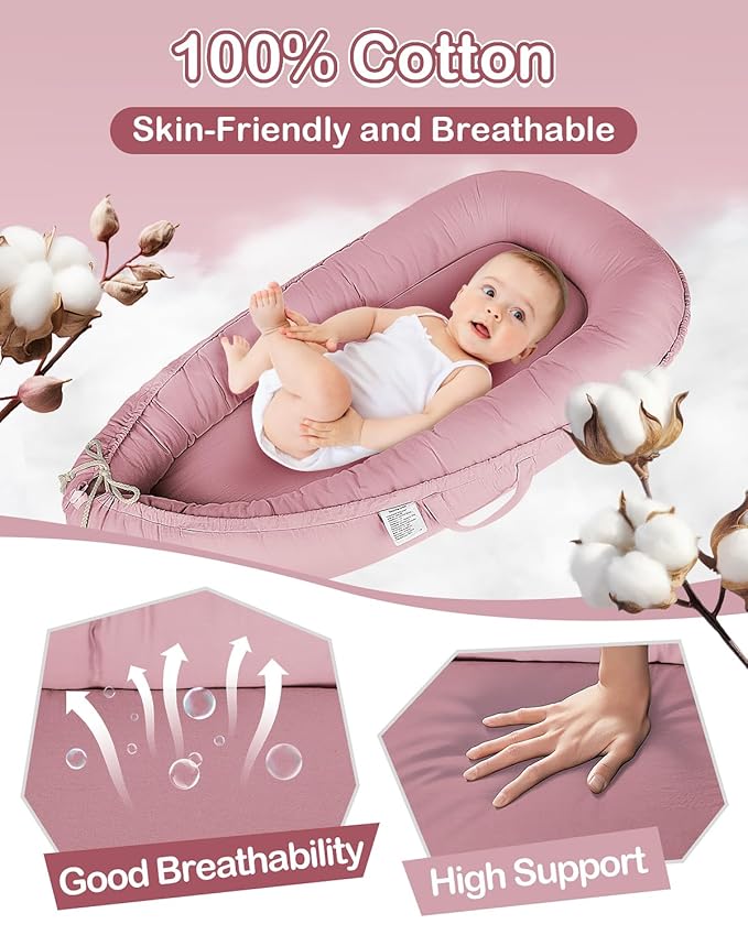 Baby Lounger - Infant Lounger for Newborn 0-24 Months, Pure Cotton Breathable Baby Nest Lounger Cover, Newborn Essentials for Baby Boys & Girls, Co Sleeper Portable Baby Bed for Home and Travel