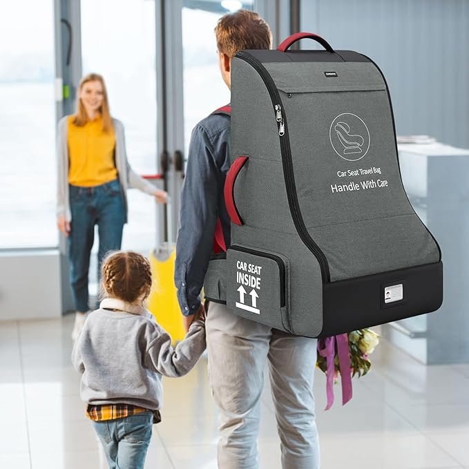 RAINSMORE Padded Car Seat Travel Bag for Airplane Heavy Duty Car Seat Backpack for Air Travel Baby Carseat Cover Bags for Airport Large Car Seats Carrier Fits Car Seats & Booster Seats,Gray