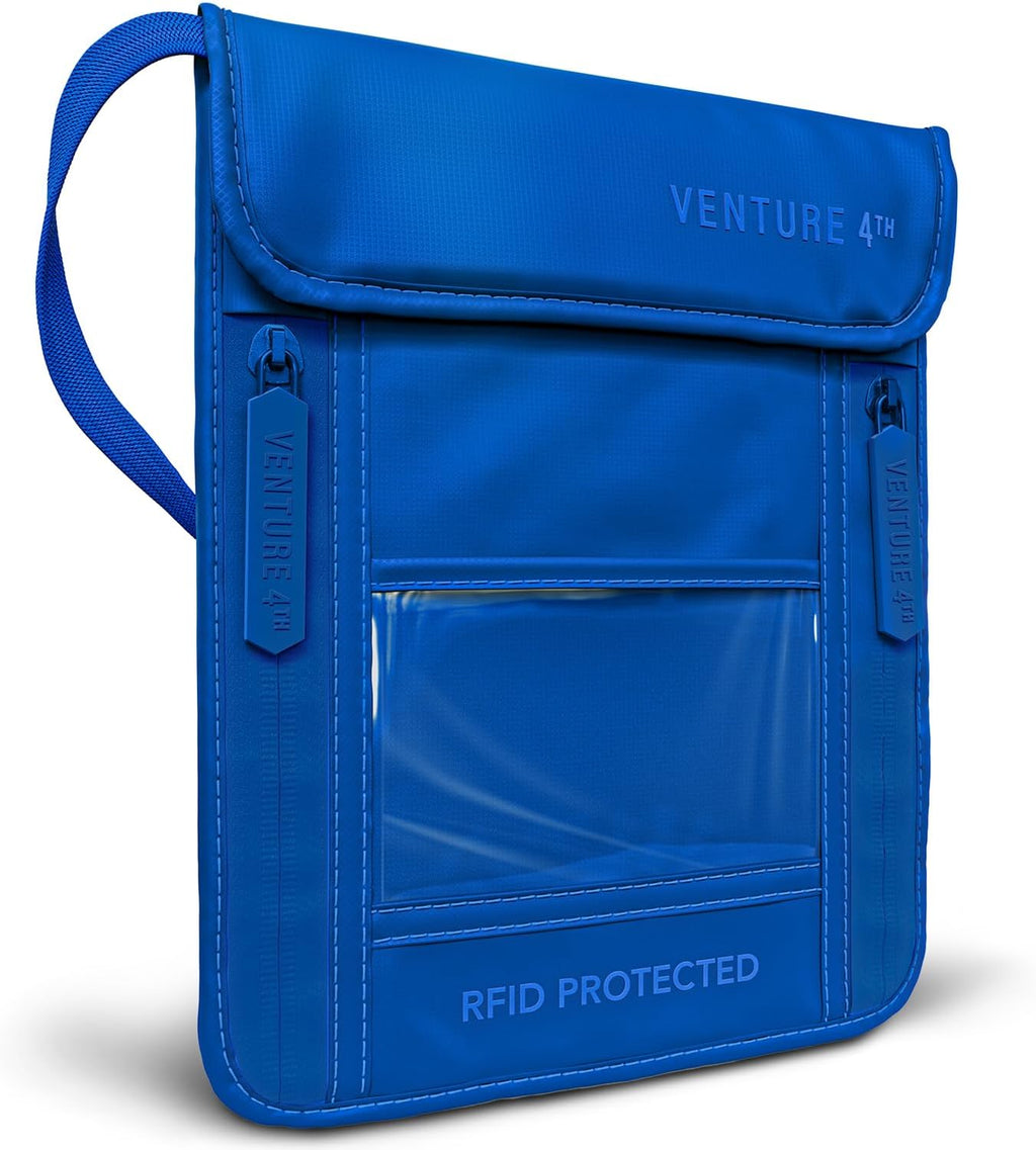 VENTURE 4TH Passport Holder Neck Wallet with RFID Blocking Nylon Lining - Hidden Neck Pouch for Travel (Sleek Blue)